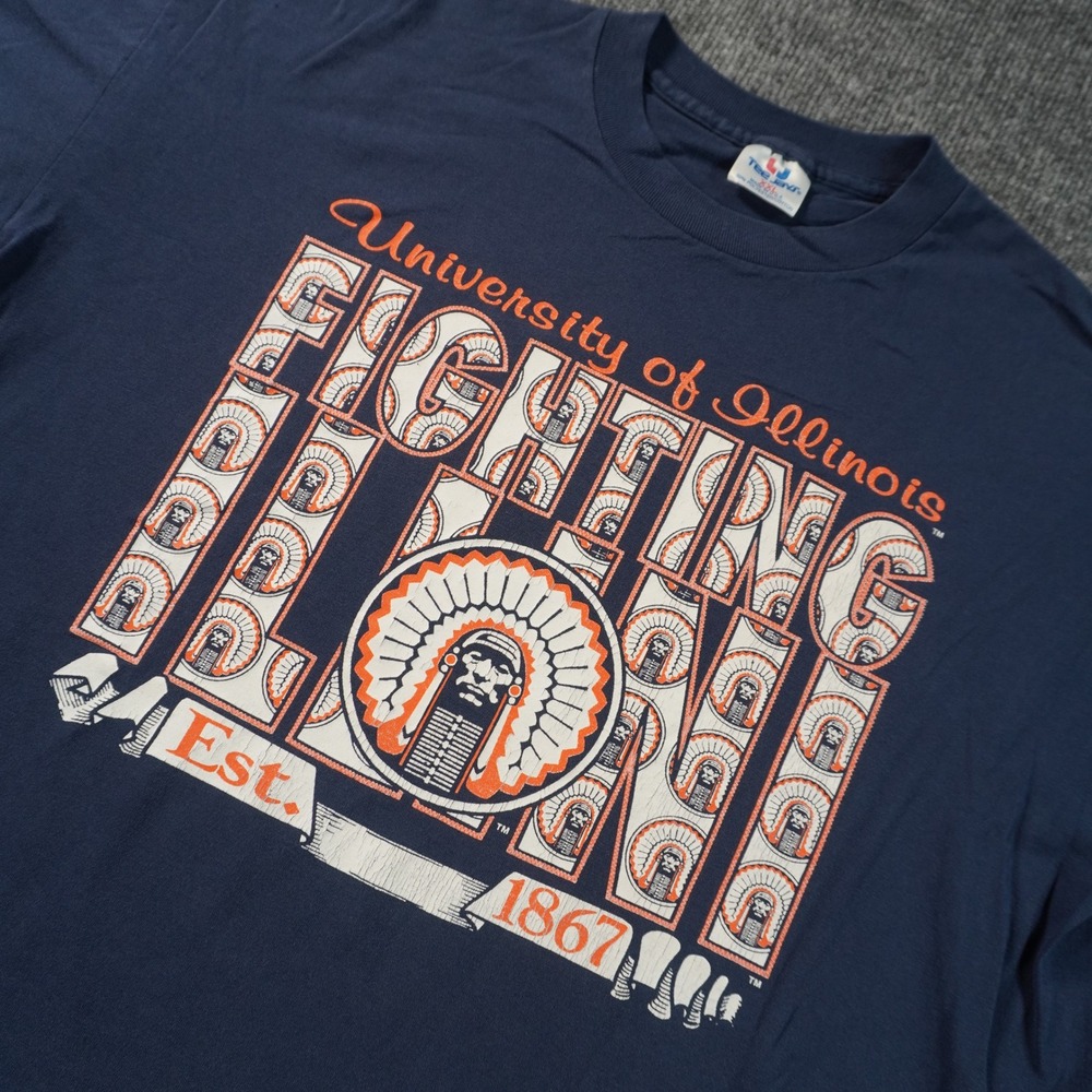 Vintage University of Illinois Fighting Illini T-Shirt Mens XXL Blue Distressed